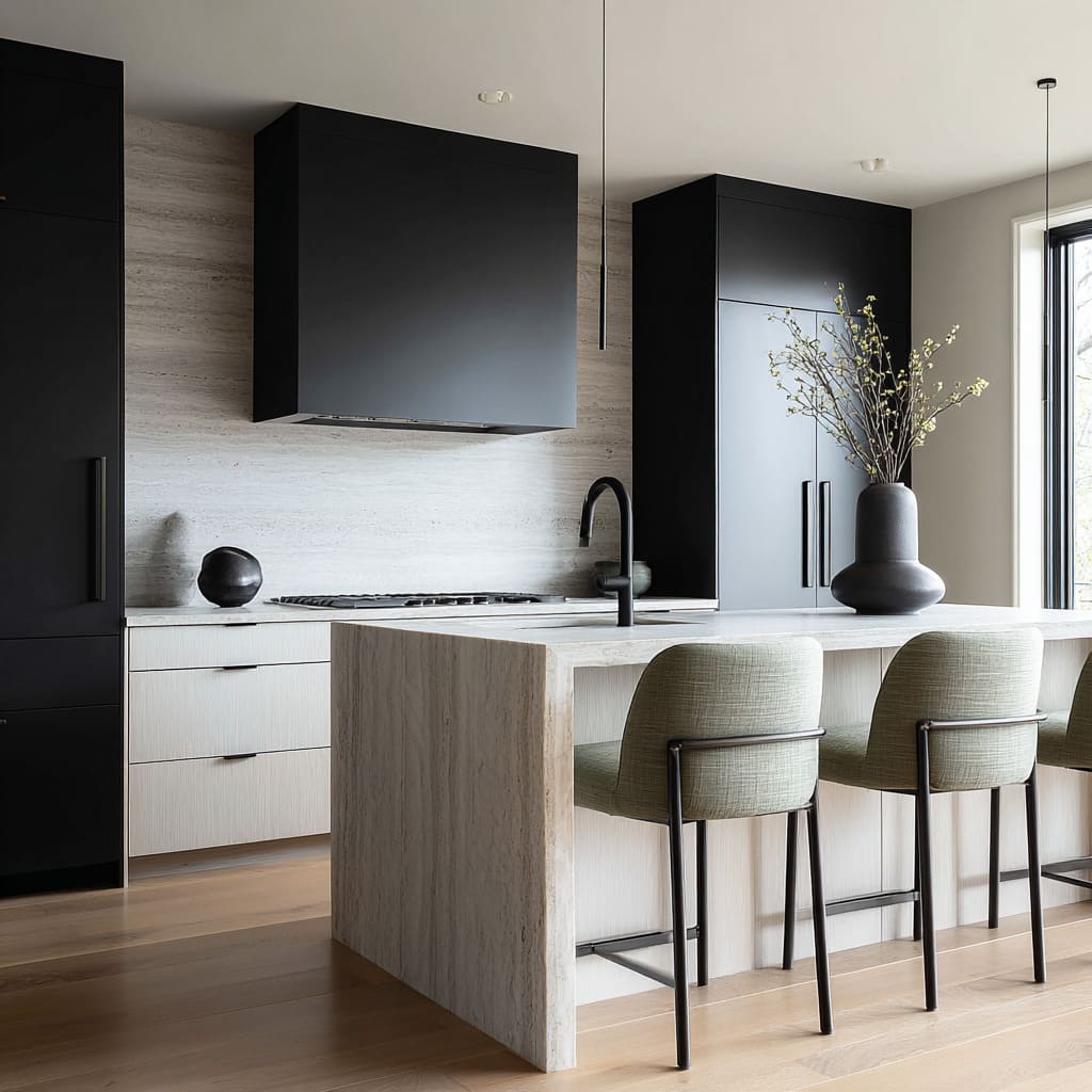 Near-white linen-look shell stool concept with subtle green cast placed at a vertical-grain travertine island and matte black pantry towers Near-white linen-look shell stool concept with subtle green cast placed at a vertical-grain travertine island and matte black pantry towers
