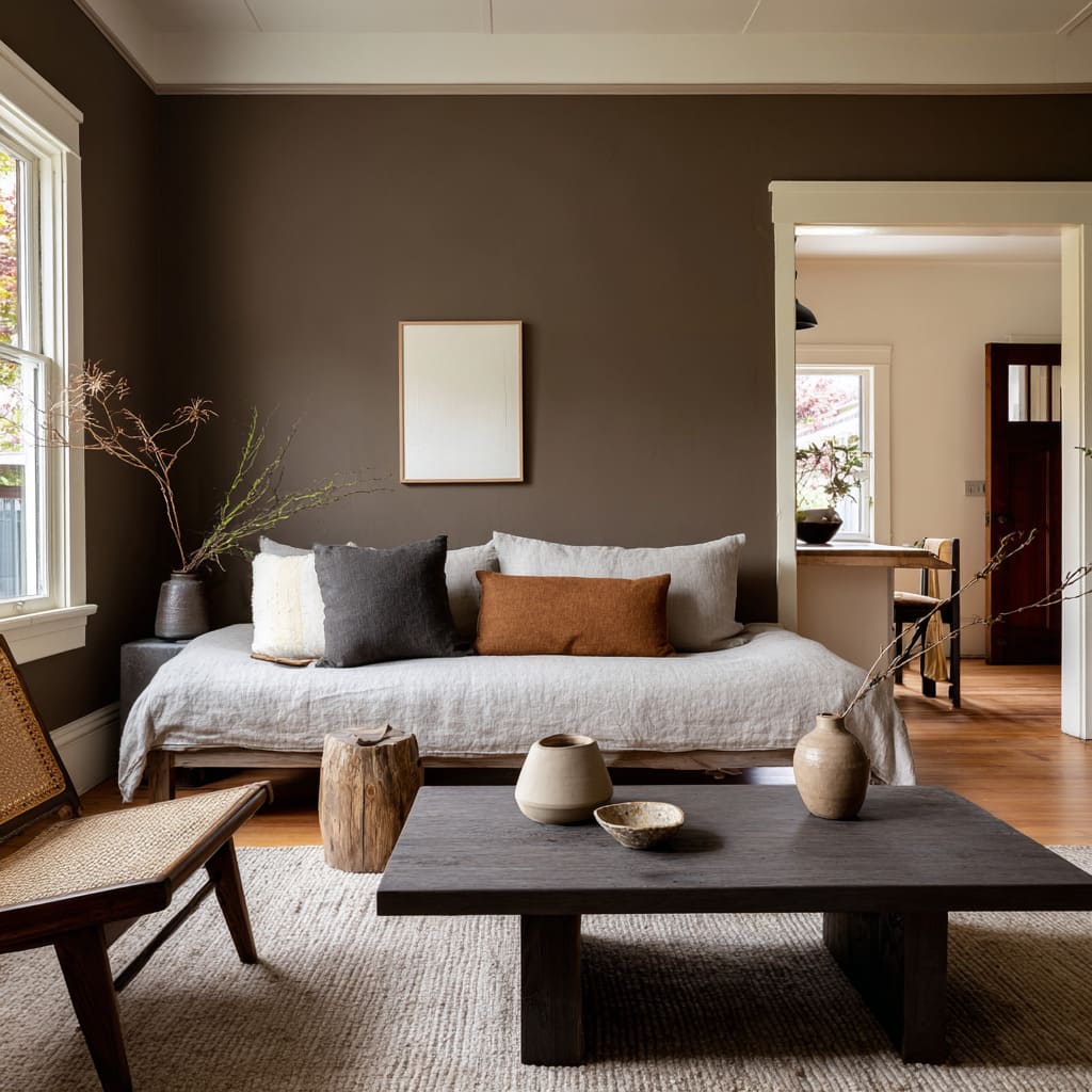 Nice clay-brown wall behind a linen daybed sofa, deep charcoal block coffee table, cane lounge chair Nice clay-brown wall behind a linen daybed sofa, deep charcoal block coffee table, cane lounge chair