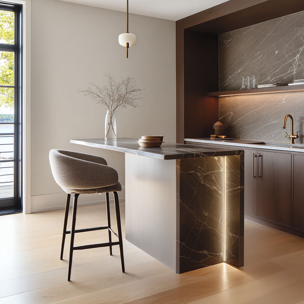 Oatmeal-melange kitchen stool concept with slim black ladder base beside a cantilevered stone peninsula glowing with soft under-panel lighting Oatmeal-melange kitchen stool concept with slim black ladder base beside a cantilevered stone peninsula glowing with soft under-panel lighting