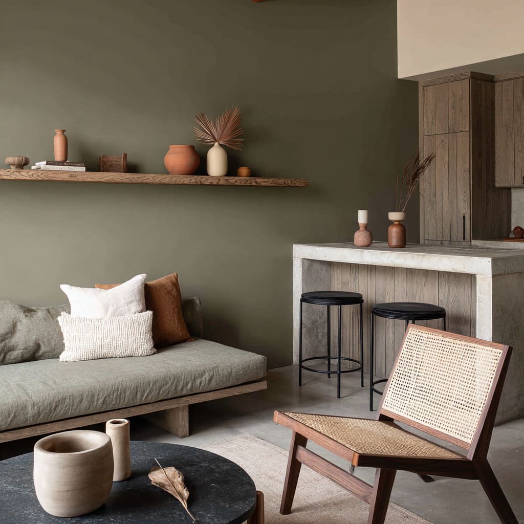 Olive-charcoal boho living room design with sage linen bench, warm wood floating shelf and pottery, dark round coffee table Olive-charcoal boho living room design with sage linen bench, warm wood floating shelf and pottery, dark round coffee table