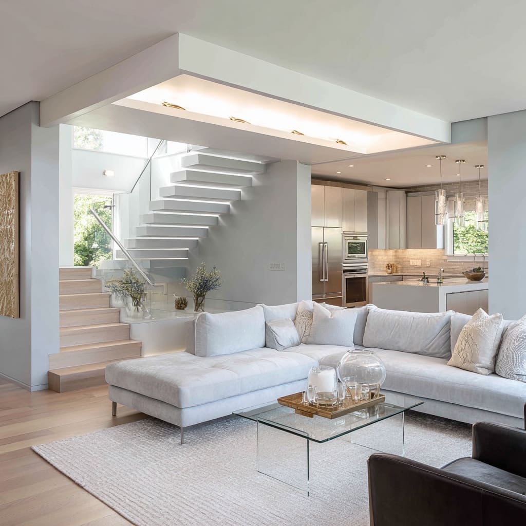 Open front room space arrangement with silver stair handrail, glass coffee table, chrome sofa legs