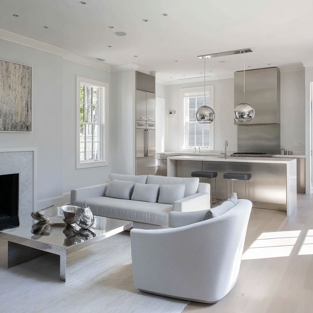 Open-plan luxury silver living room styling featuring brushed-steel kitchen panel, mirror coffee table