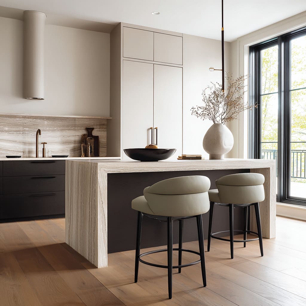 Pale alabaster leather stool concept with rounded crescent forms paired with a travertine waterfall island and black tapered legs Pale alabaster leather stool concept with rounded crescent forms paired with a travertine waterfall island and black tapered legs