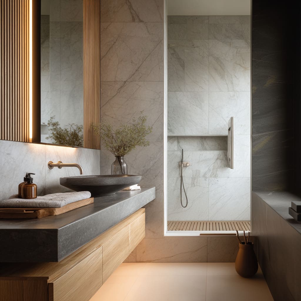 Pale stone and oak luxury bathroom concept with graphite-toned vanity slab, wide vessel basin, brushed metal spout