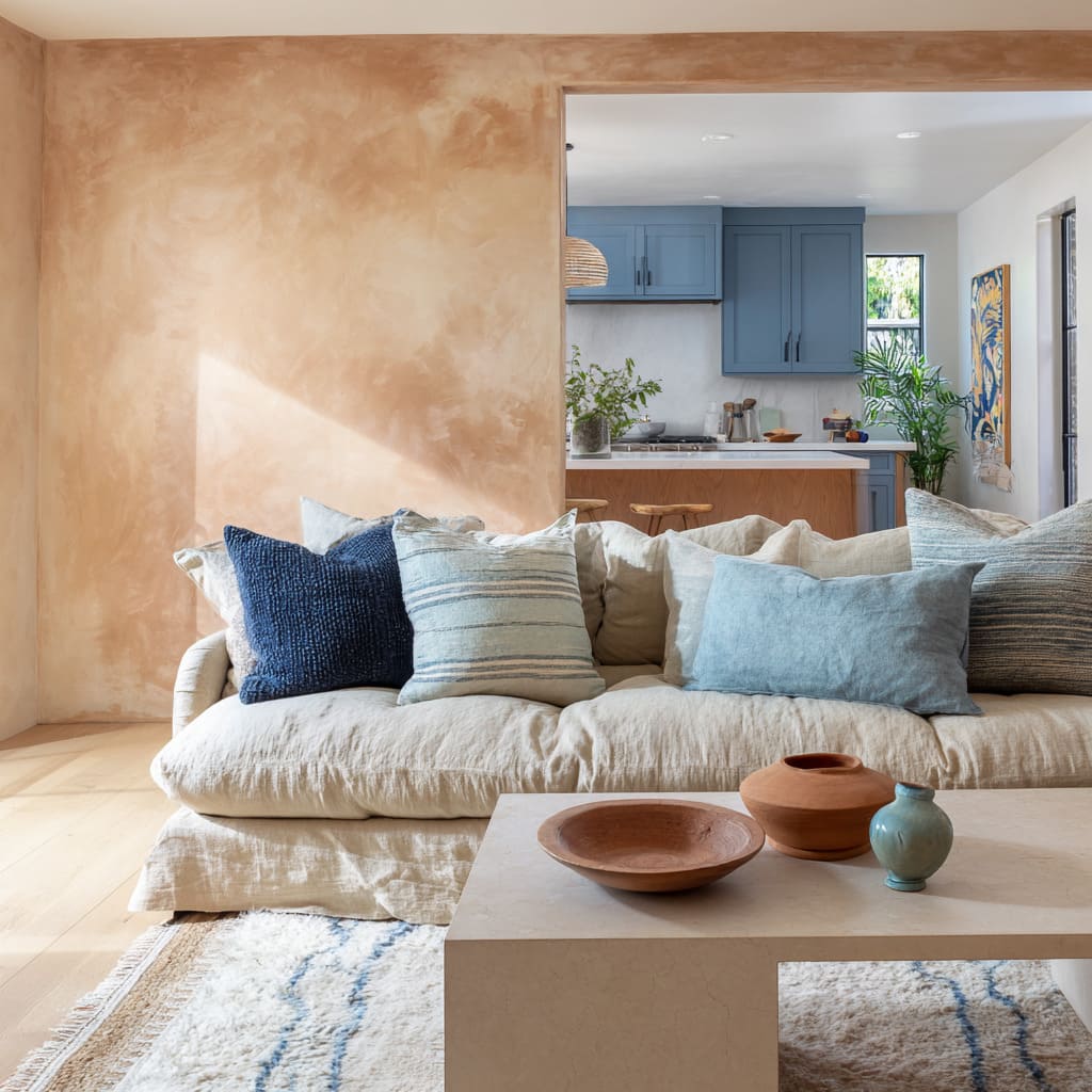 Peach-terracotta limewashed wall design around kitchen opening, pale oatmeal sofa with layered blue cushions, shag cream rug Peach-terracotta limewashed wall design around kitchen opening, pale oatmeal sofa with layered blue cushions, shag cream rug