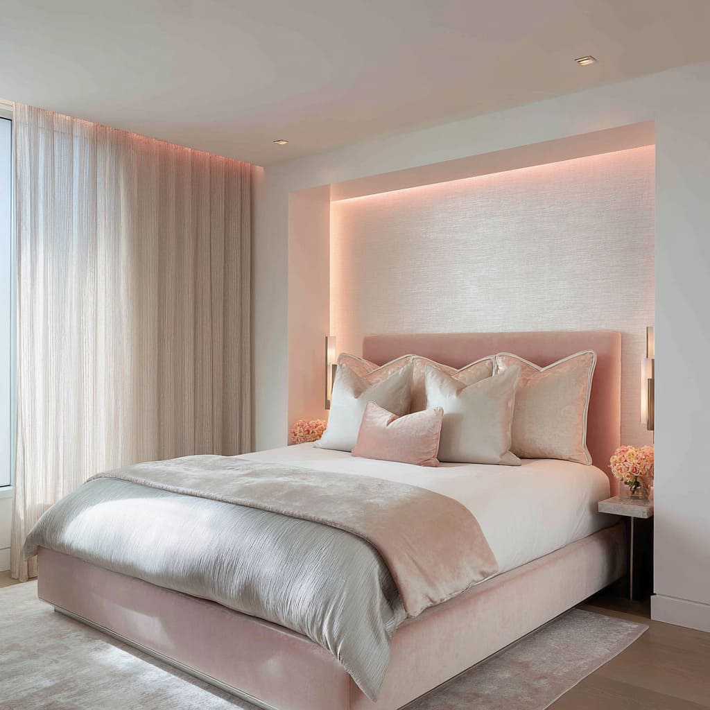 Recessed niche halo with rosy edge light, blush velvet bed and piped pillows, fluid silver duvet over white core, slender vertical sconces