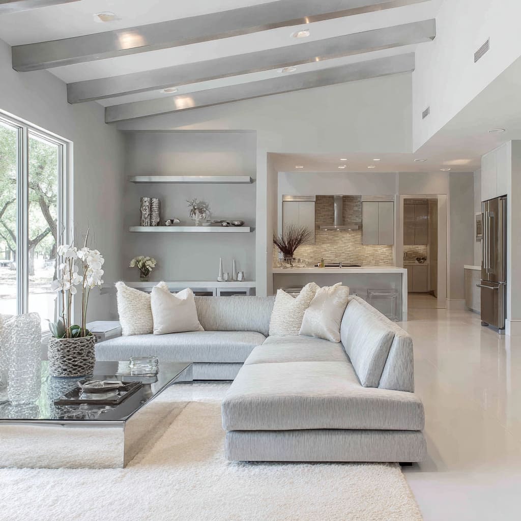 Resort-style luxury silver main room setup with mirror coffee table, satin metal beam caps, ice-grey sectional