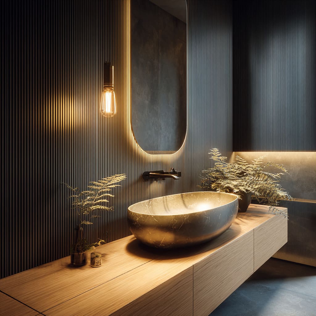Ribbed charcoal and oak bathroom concept with rounded halo mirror, marble oval basin, asymmetrical lighting