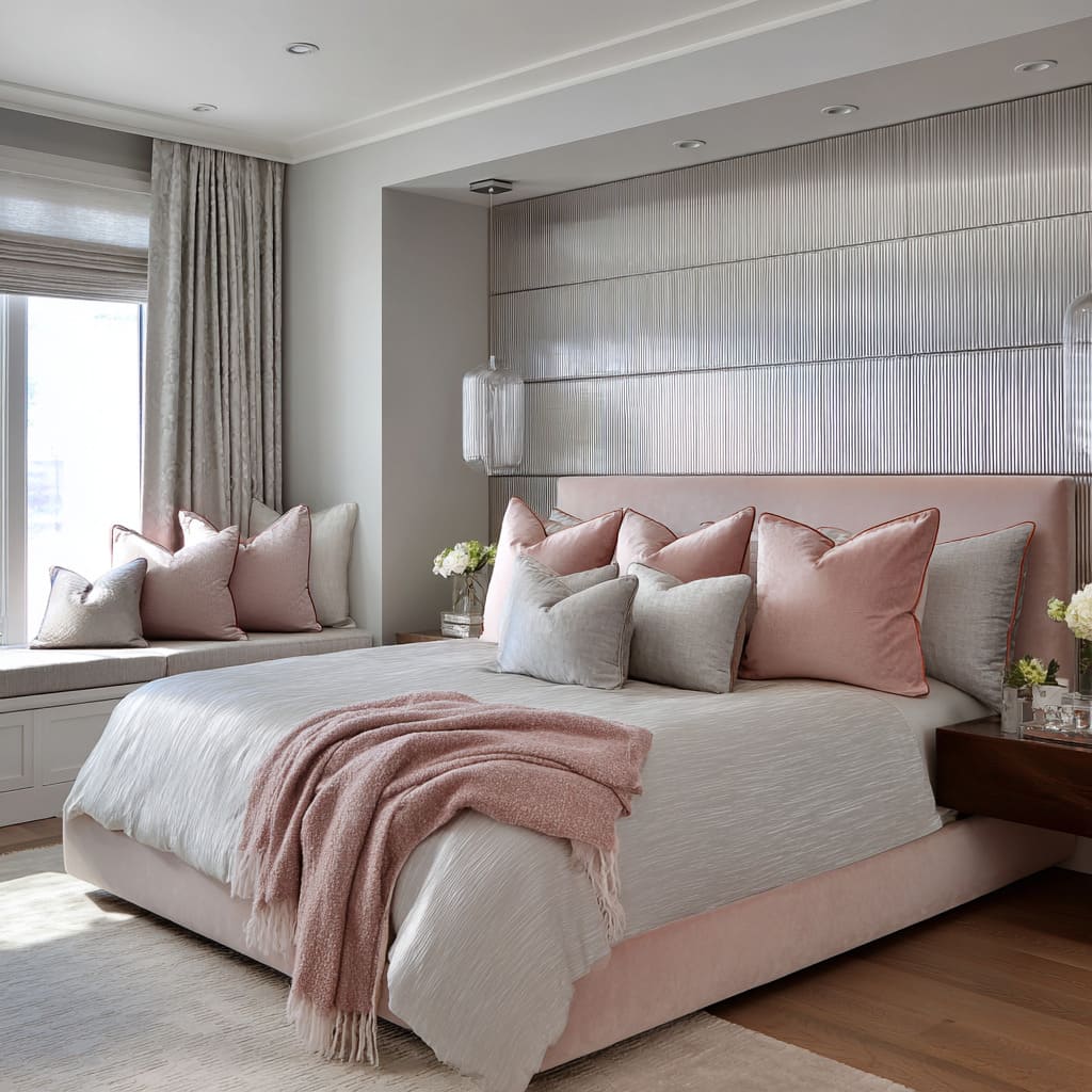 Ribbed silver wall with fluted glass pendants, low blush velvet base, cool silver bedding, piped pink pillows