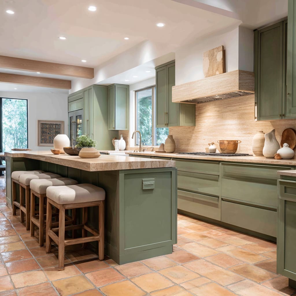 Sage-green kitchen design with classic terracotta tile floor, long green cabinet runs, pale stone counters, wide stone hood Sage-green kitchen design with classic terracotta tile floor, long green cabinet runs, pale stone counters, wide stone hood