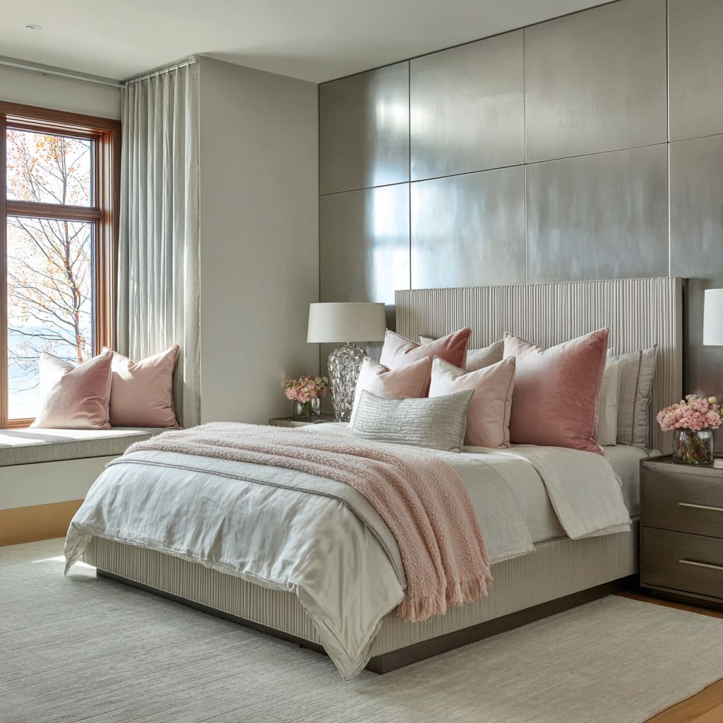 Satin-metal panel wall with fluted pale-grey headboard, white duvet with silver edging, blush boucle throw, mixed lamps