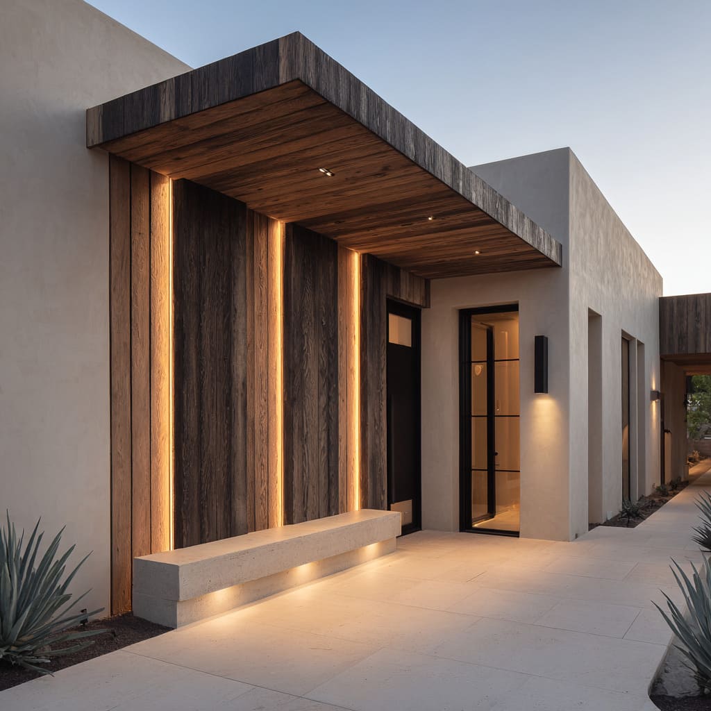 Shaded porch inspiration in weathered vertical timber and smooth plaster with light channels between boards
