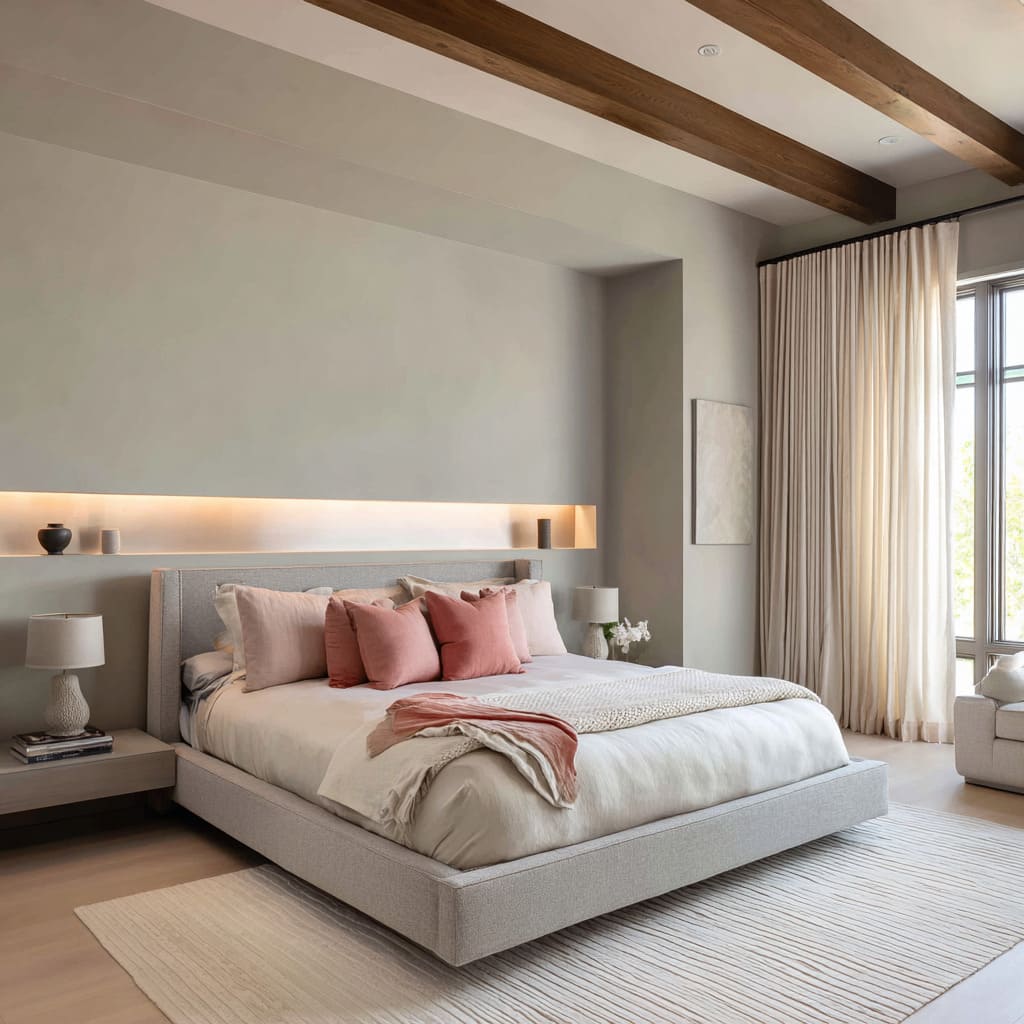 Silver and pink bedroom concept with a warm horizontal niche horizon, nubby grey bed, coral-tinted pillows