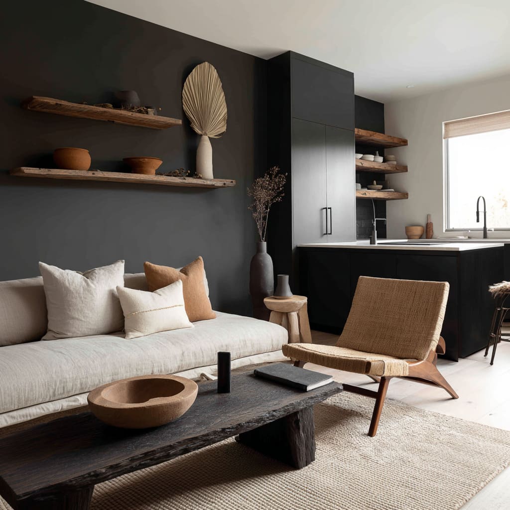 Simple modern dark boho great room concept with deep charcoal wall, stacked rustic wooden shelves, creamy linen sofa Simple modern dark boho great room concept with deep charcoal wall, stacked rustic wooden shelves, creamy linen sofa