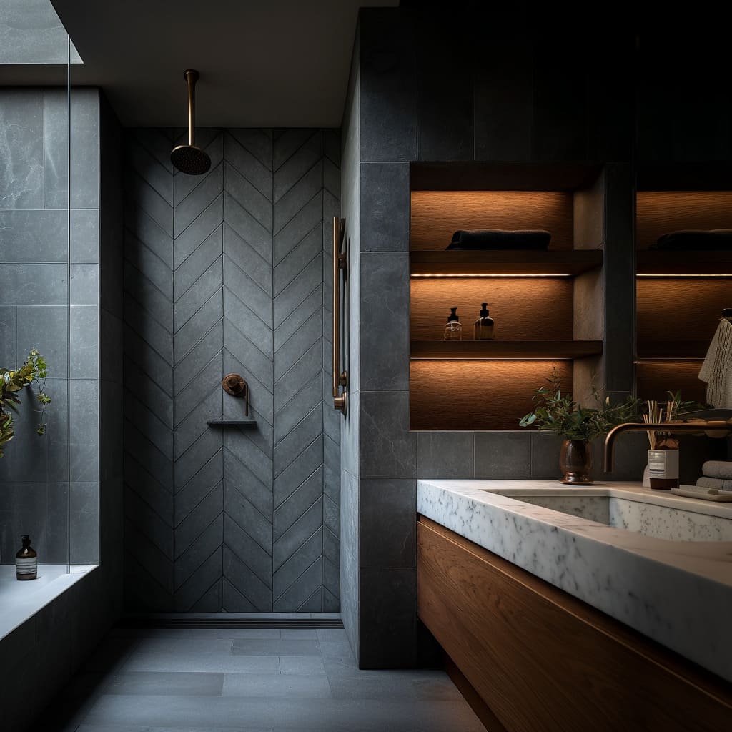 Slate-toned bathroom design with herringbone tile, walnut vanity, brass fittings, marble integrated basin