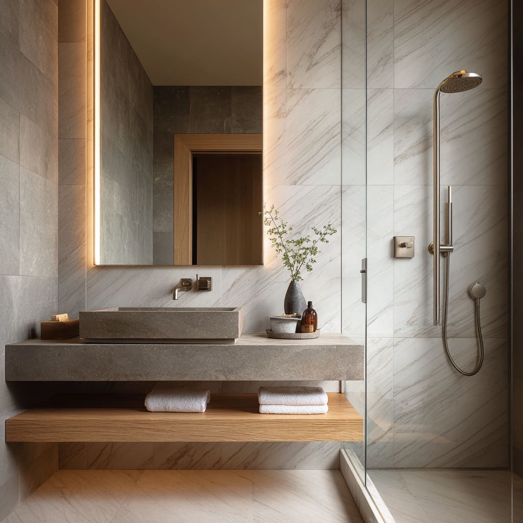 Small marble and oak bathroom idea with glowing mirror, floating grey vanity, low stone vessel, subtle bronze fittings