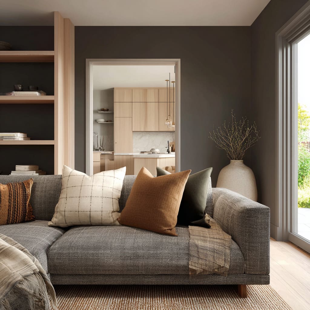Smoky dark-walled family room design with pale timber built-in shelving, textured gray sofa, layered warm and cool pillows Smoky dark-walled family room design with pale timber built-in shelving, textured gray sofa, layered warm and cool pillows