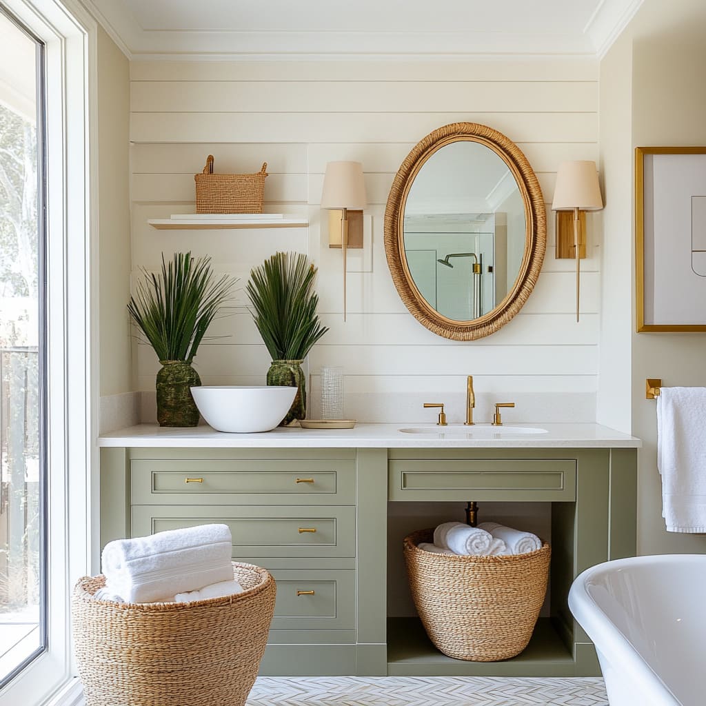 Soft bathroom design with sage built-in vanity, woven baskets, oval woven-fiber mirror, brass sconces Soft bathroom design with sage built-in vanity, woven baskets, oval woven-fiber mirror, brass sconces