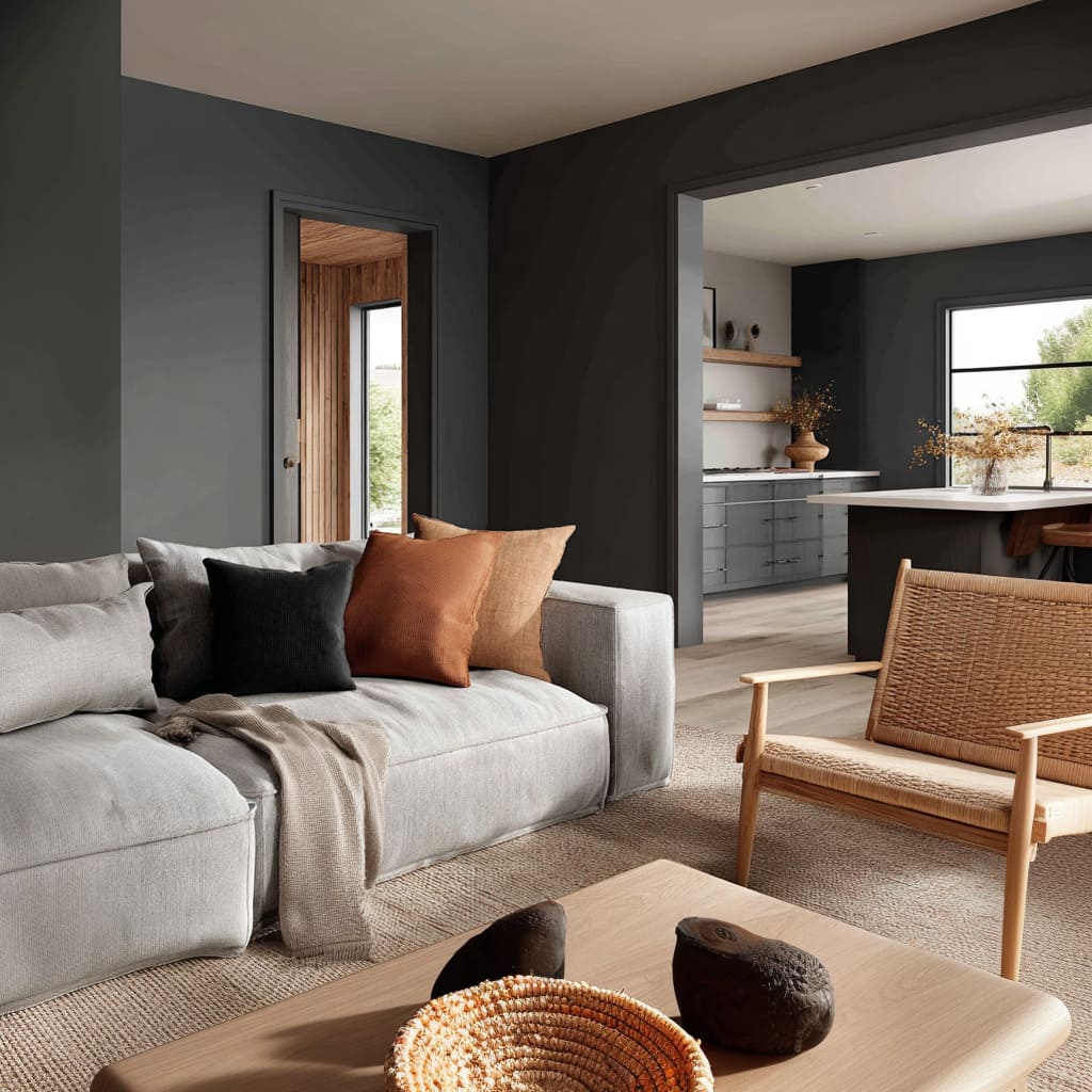 Soft gray boho front room concept wrapped in deep slate walls, relaxed pale linen sofa with rust and caramel pillows Soft gray boho front room concept wrapped in deep slate walls, relaxed pale linen sofa with rust and caramel pillows