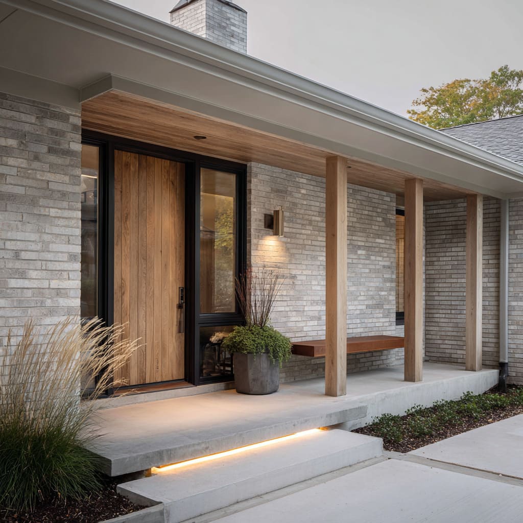 Soft modern porch design with creamy brick, pale concrete, oak details, floating bench