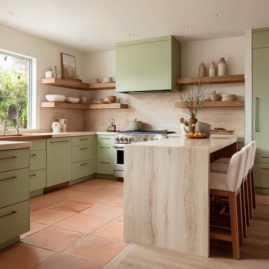 Soft sage U-shaped kitchen design with large terracotta floor tiles, pale travertine waterfall island, thick oak shelves Soft sage U-shaped kitchen design with large terracotta floor tiles, pale travertine waterfall island, thick oak shelves