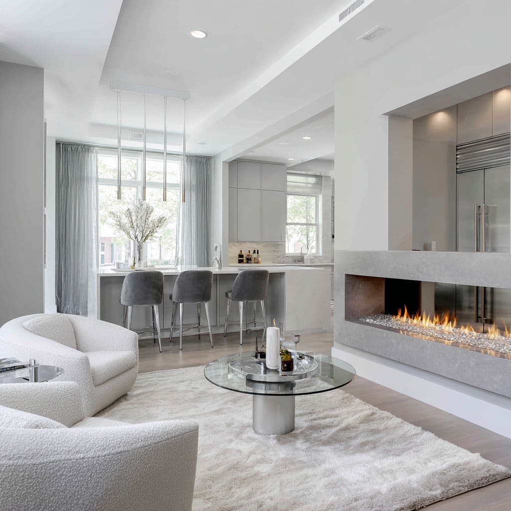 Soft silver family room concept featuring boucle lounge chairs, brushed-steel drum table