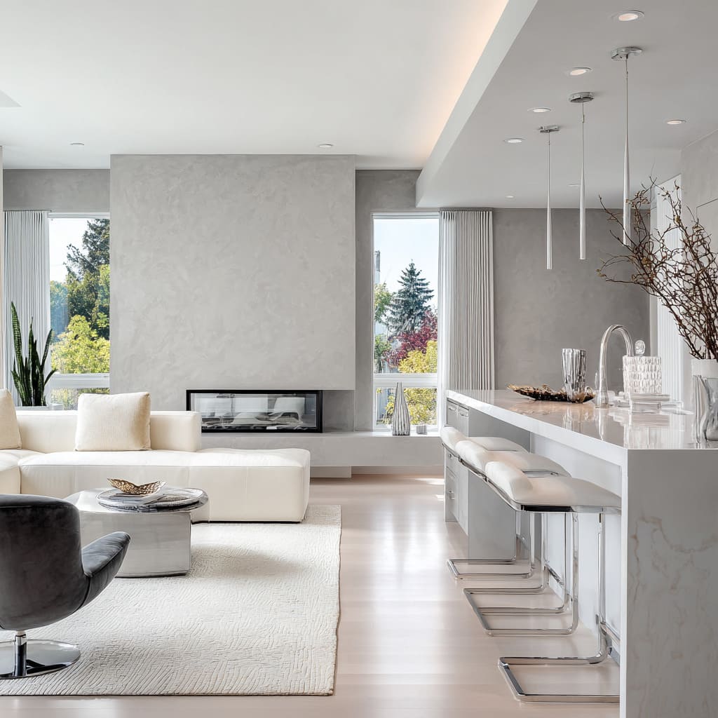 Softly luxurious silver living room design with ivory sectional, chrome stool bases, veined stone island