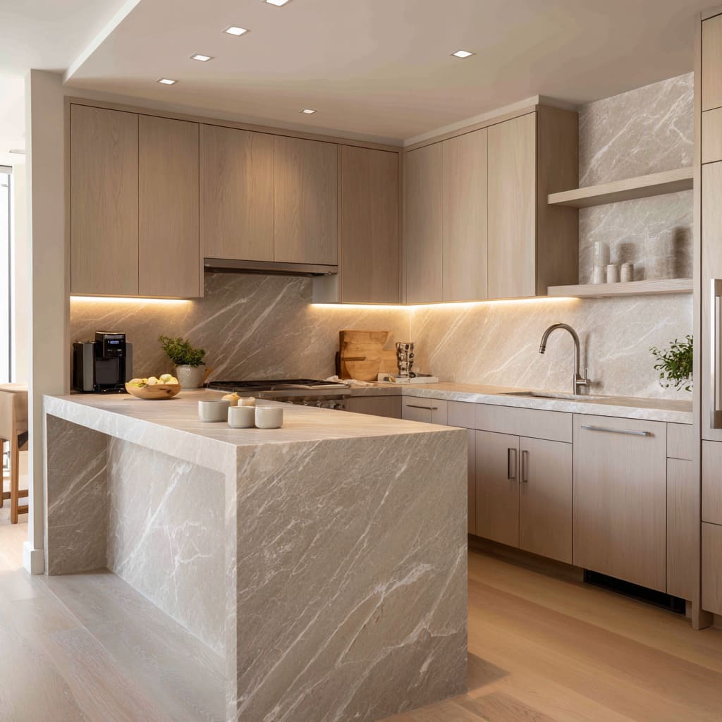 Stone-led sand kitchen design with a dramatic waterfall island, full-height veined backsplash, warm oak cabinets, under-cabinet light wash Stone-led sand kitchen design with a dramatic waterfall island, full-height veined backsplash, warm oak cabinets, under-cabinet light wash