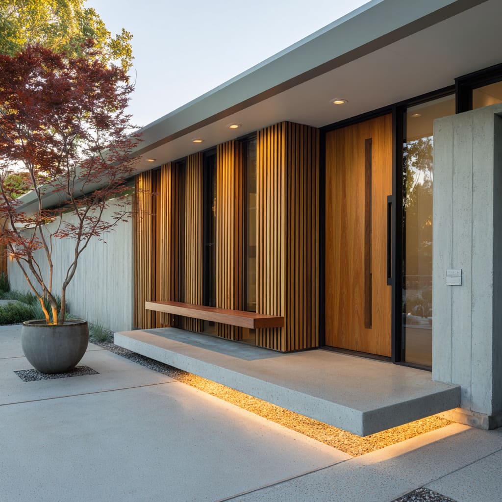 Stylish Mid-century-inspired porch design with projecting timber fins, alternating glass slots, floating bench