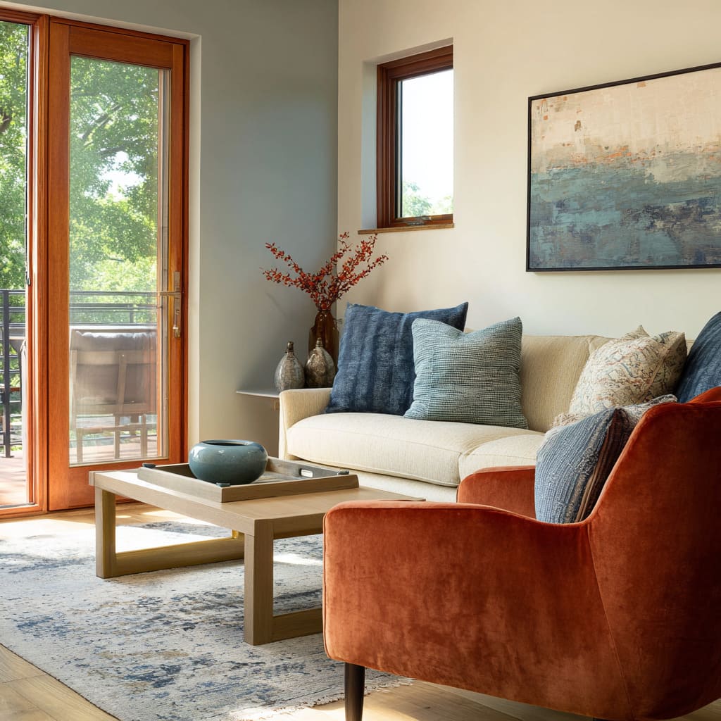 Stylish decorating ideas with cream sofa with blue patterned cushions, terracotta velvet accent chair, light wood coffee table with blue-green bowl Stylish decorating ideas with cream sofa with blue patterned cushions, terracotta velvet accent chair, light wood coffee table with blue-green bowl