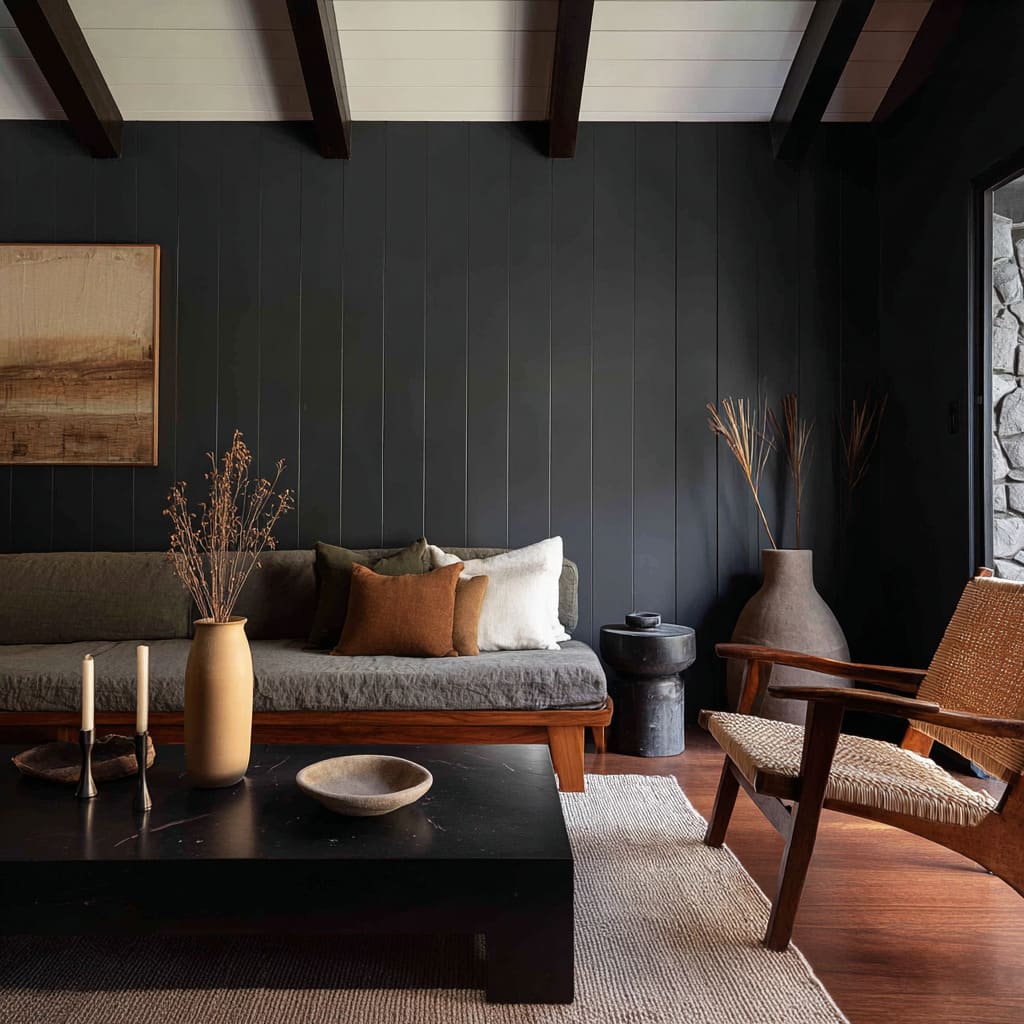 Stylish modern dark boho drawing room idea featuring a charcoal panel wall, wood-base sofa, black block coffee table Stylish modern dark boho drawing room idea featuring a charcoal panel wall, wood-base sofa, black block coffee table