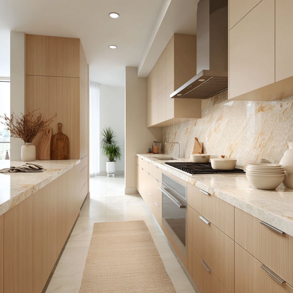 Sun-tinted sand kitchen concept with honey-veined stone, oak cabinetry, warm beige uppers, camel runner, soft ceramics Sun-tinted sand kitchen concept with honey-veined stone, oak cabinetry, warm beige uppers, camel runner, soft ceramics