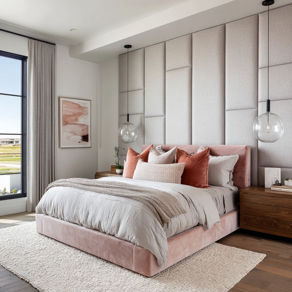 Sunlit silver-grey fabric panel wall design, blush velvet bed, ripple glass globe pendants, dove-grey duvet, taupe knit throw