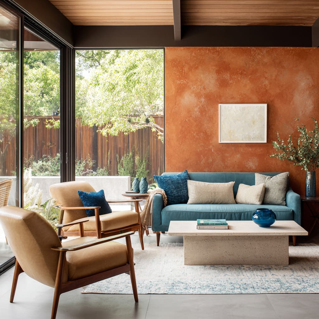 Terracotta plaster feature wall idea behind teal-blue sofa, caramel leather chairs near large glass doors Terracotta plaster feature wall idea behind teal-blue sofa, caramel leather chairs near large glass doors