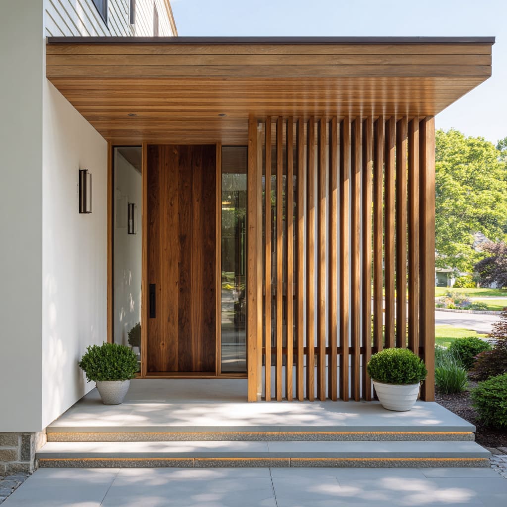Timber-wrapped entry pavilion concept with walnut boards across ceiling and screen, limestone steps, minimal lanterns