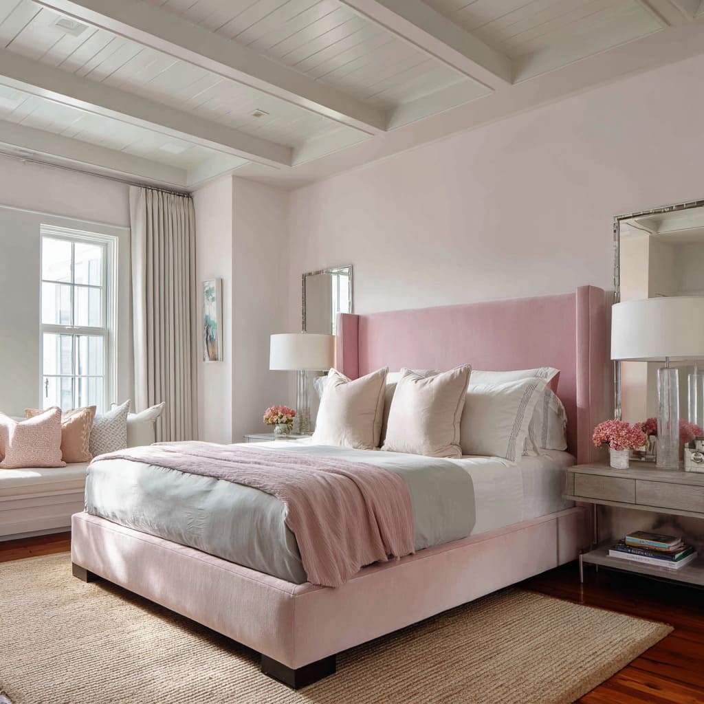 Transitional blush and silver bedroom design with shallow coffered ceiling, winged headboard, lengthwise pink throw on silver sheets