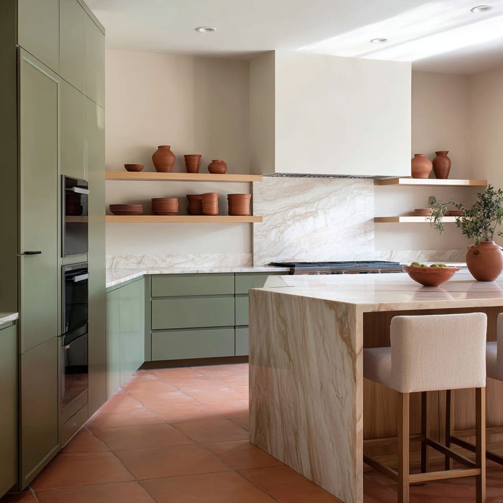 U-shaped kitchen design with full terracotta tile floor, warm-veined stone island, timber-framed seating area U-shaped kitchen design with full terracotta tile floor, warm-veined stone island, timber-framed seating area