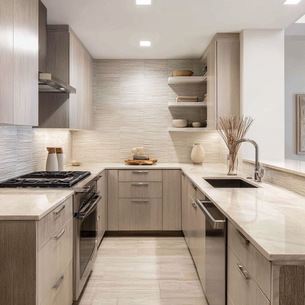 U-shaped sand kitchen design in cool beige oak, horizontal linear backsplash tiles, cream stone counters, brushed metal pulls U-shaped sand kitchen design in cool beige oak, horizontal linear backsplash tiles, cream stone counters, brushed metal pulls