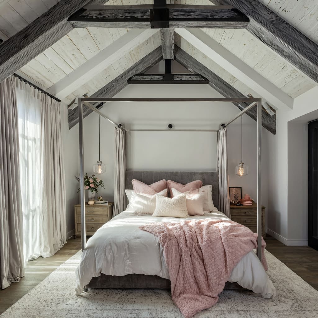 Vaulted rustic canopy room design with brushed-metal four-poster, graphite-silver headboard, mist-to-rose pillows, casual pink throw