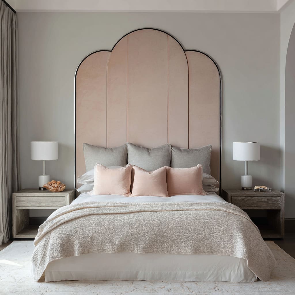 Velvet triple-arch headboard design with charcoal outline, sandy-ivory coverlet, disciplined blush and grey pillows