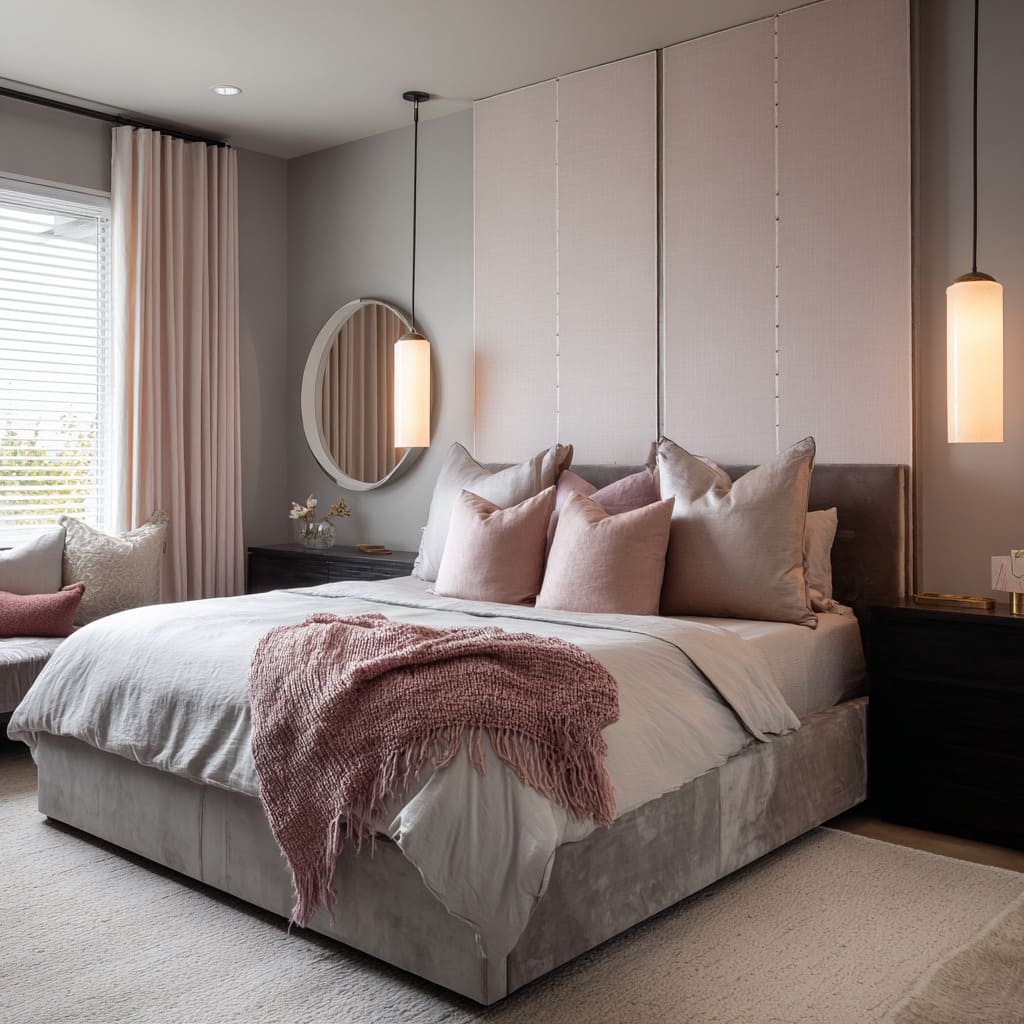Vertical blush panel triptych behind a low silver bed, long glass pendants, dusty-rose pillows with a diagonal mauve throw