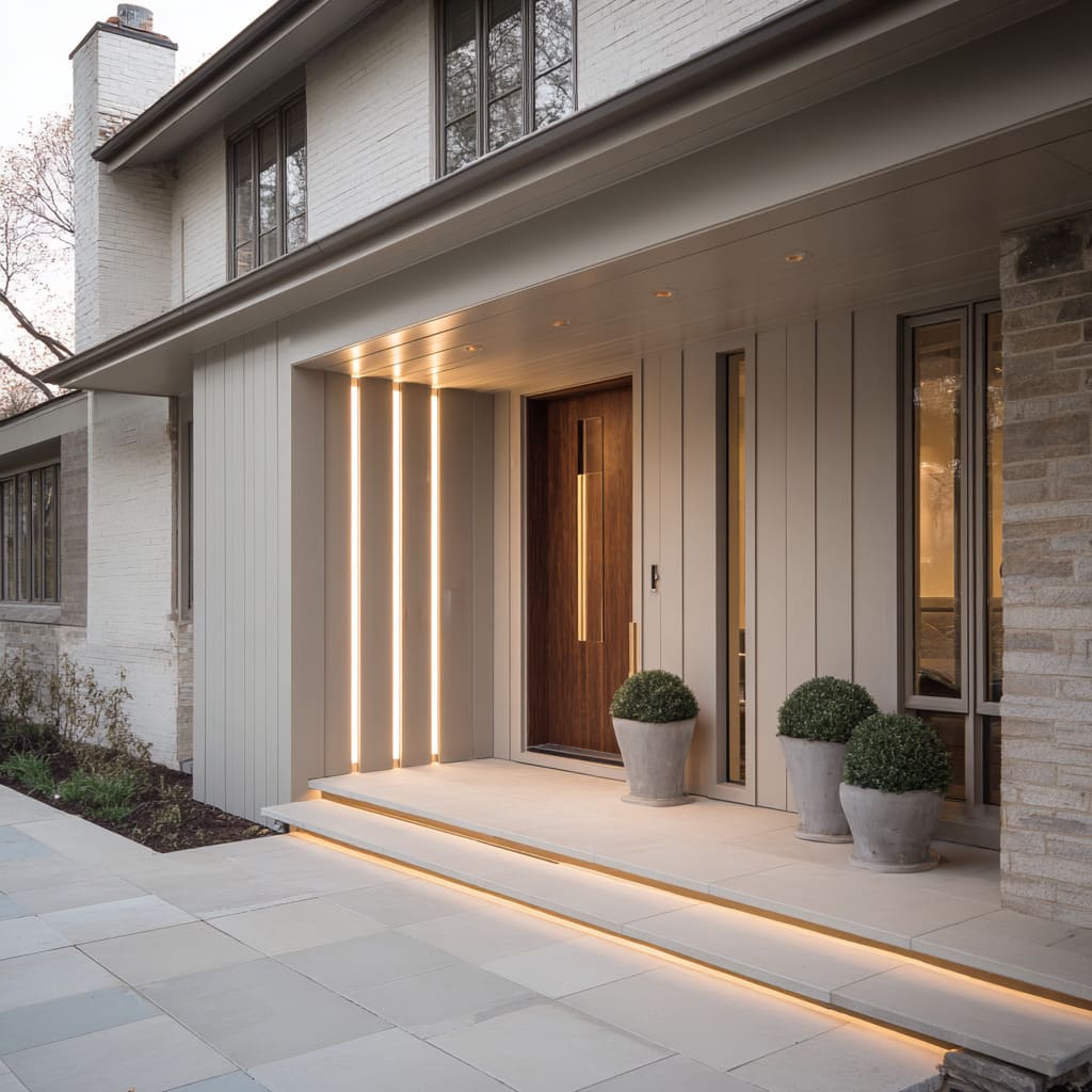 Vertical greige board porch design with glowing light channels, walnut door with brass details, limestone pavers