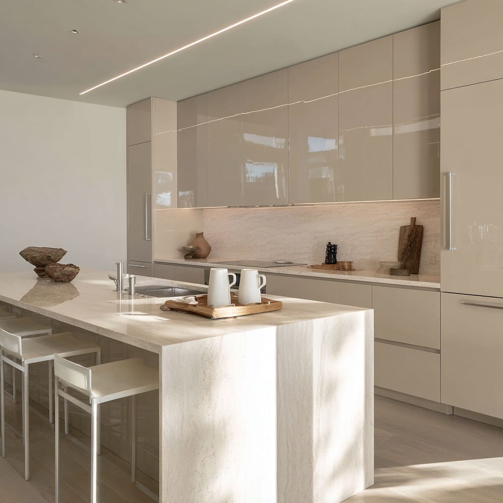 Very glossy sand-beige kitchen design with seamless tall cabinets, stone waterfall island, thin stone veining, slim white stools Very glossy sand-beige kitchen design with seamless tall cabinets, stone waterfall island, thin stone veining, slim white stools