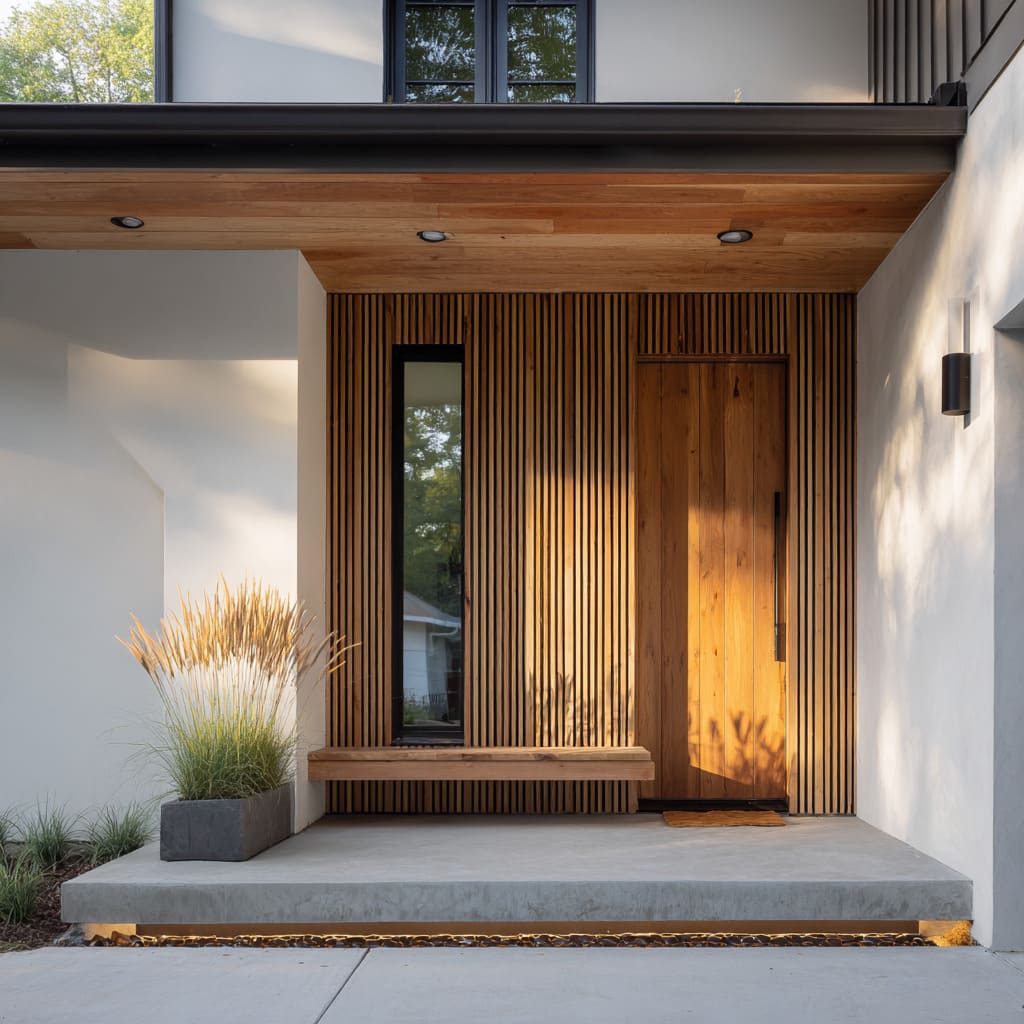 Warm cedar-wrapped porch corner idea with tight battens, solid wood bench, brass-edged steps