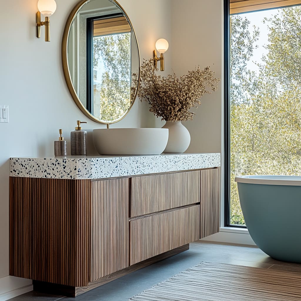 Warm mid-century bathroom ideas showing a fluted wood vanity, terrazzo counter, round mirror, brass globe sconces Warm mid-century bathroom ideas showing a fluted wood vanity, terrazzo counter, round mirror, brass globe sconces