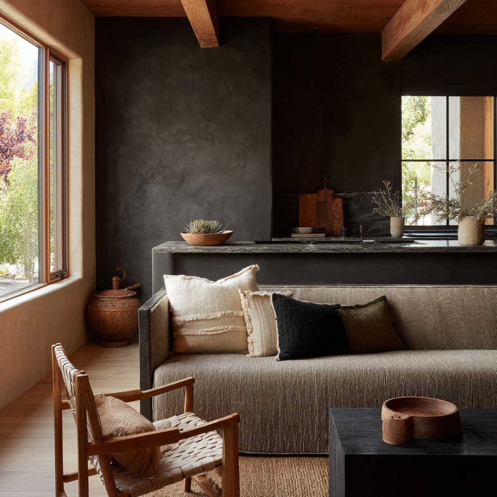 Warm moody dark clay-walled great room concept with sunlit ribbed beige sofa, black rectangular coffee table, handmade ceramics Warm moody dark clay-walled great room concept with sunlit ribbed beige sofa, black rectangular coffee table, handmade ceramics