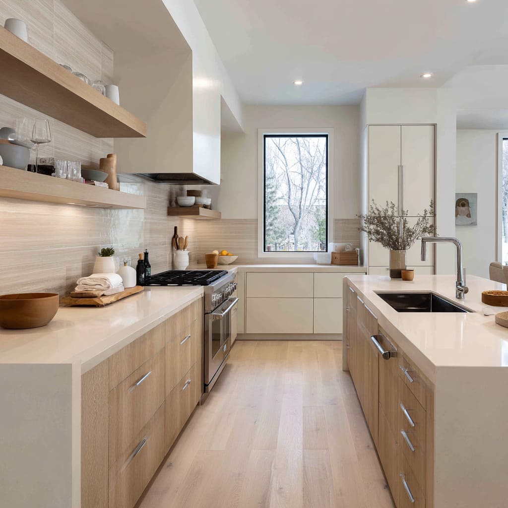 Warm sand kitchen ideas with wheat-tone flooring, wood lower cabinets, cream counters, linear beige backsplash, dark sink accent Warm sand kitchen ideas with wheat-tone flooring, wood lower cabinets, cream counters, linear beige backsplash, dark sink accent