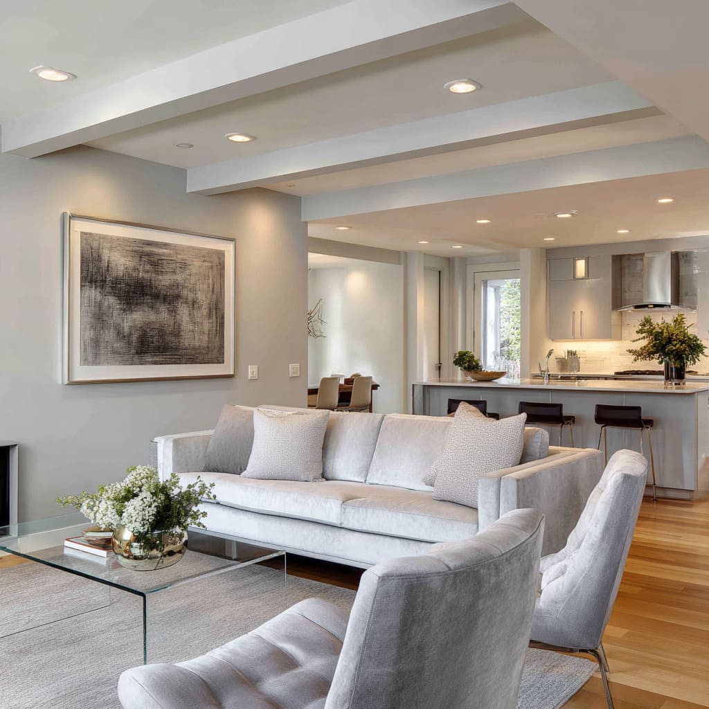 Warm silver living room design with pale velvet seating, glass coffee table, chrome details