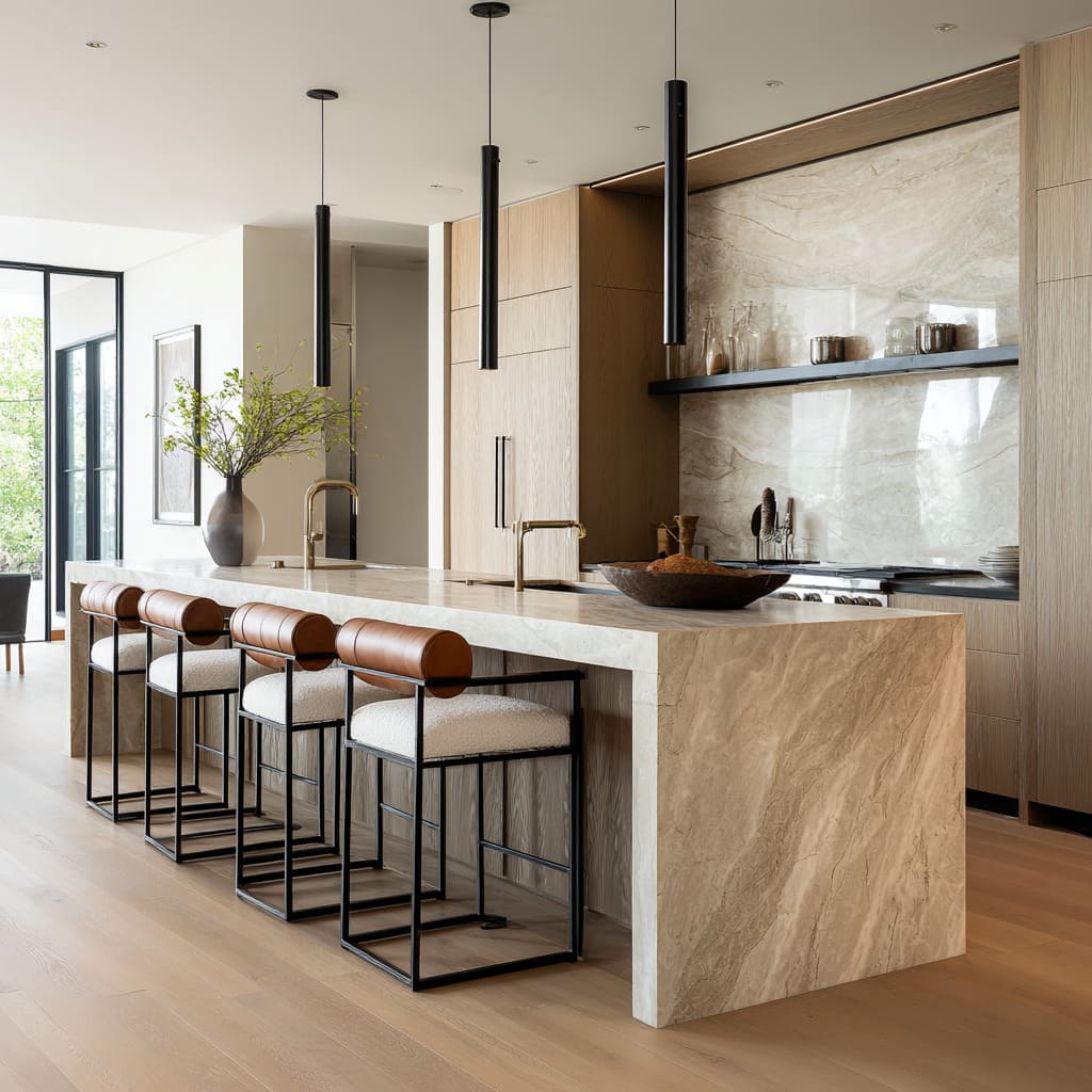 White boucle bar stool ideas with tan leather rolls at a sand-and-cream stone island, featuring slim black frames and warm oak accents White boucle bar stool ideas with tan leather rolls at a sand-and-cream stone island, featuring slim black frames and warm oak accents