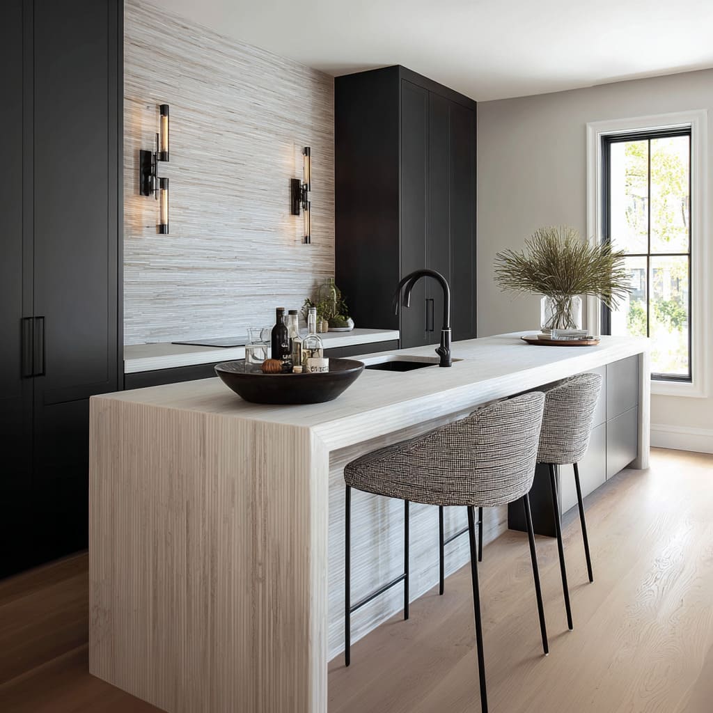 White tweed bar stool ideas with capsule backs paired with a ribbed pale stone waterfall island and black modern cabinetry White tweed bar stool ideas with capsule backs paired with a ribbed pale stone waterfall island and black modern cabinetry